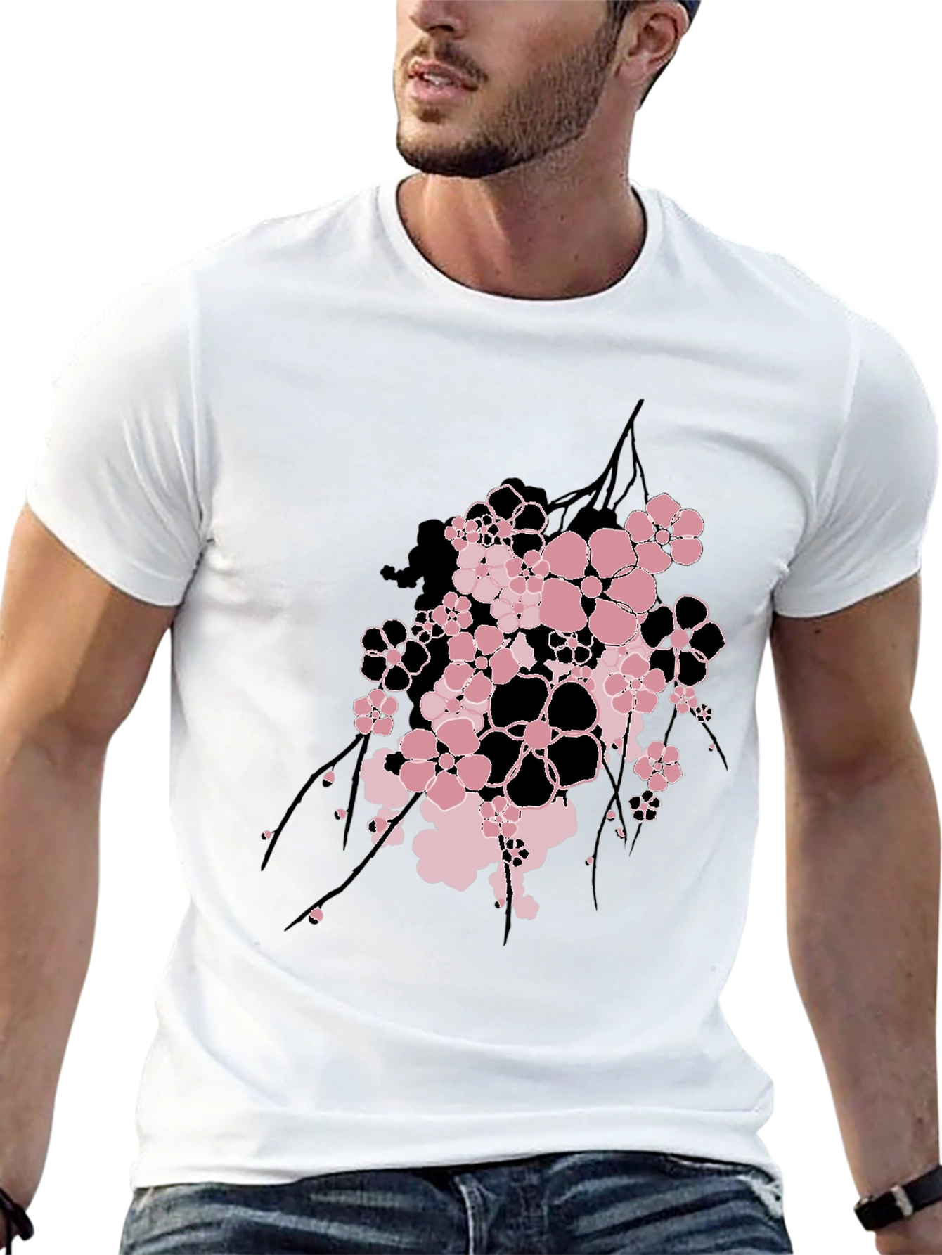 Floral Graphic Print Mens Black T-Shirt