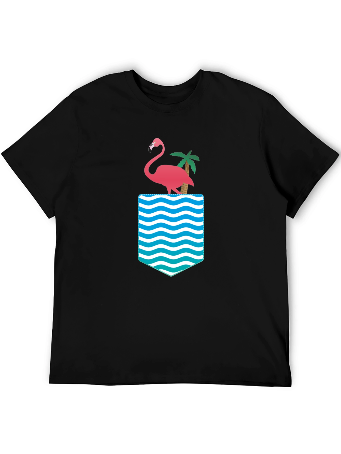 Flamingo Palm Pocket Print Black Tee