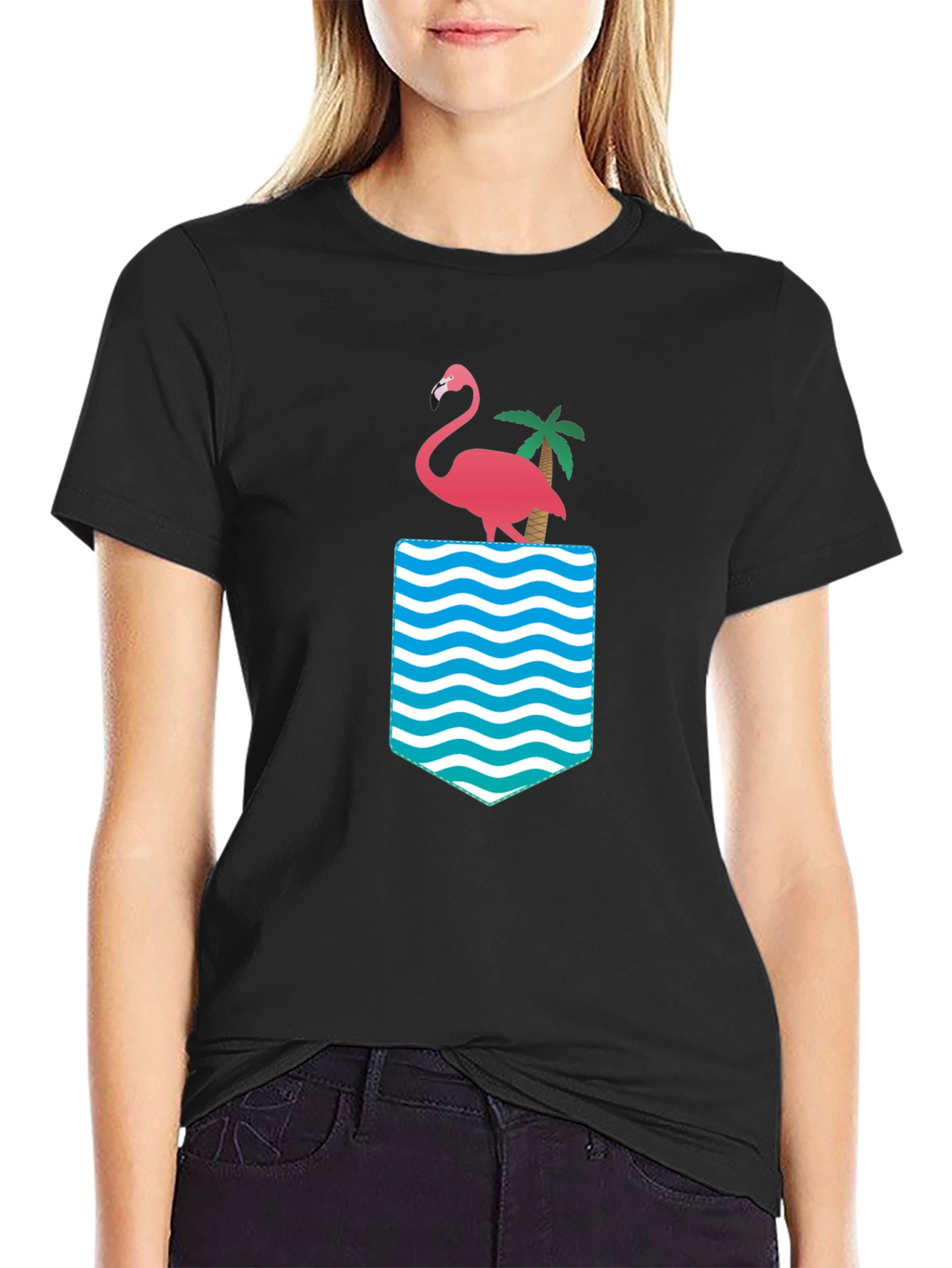 Flamingo Palm Pocket Print Black Tee