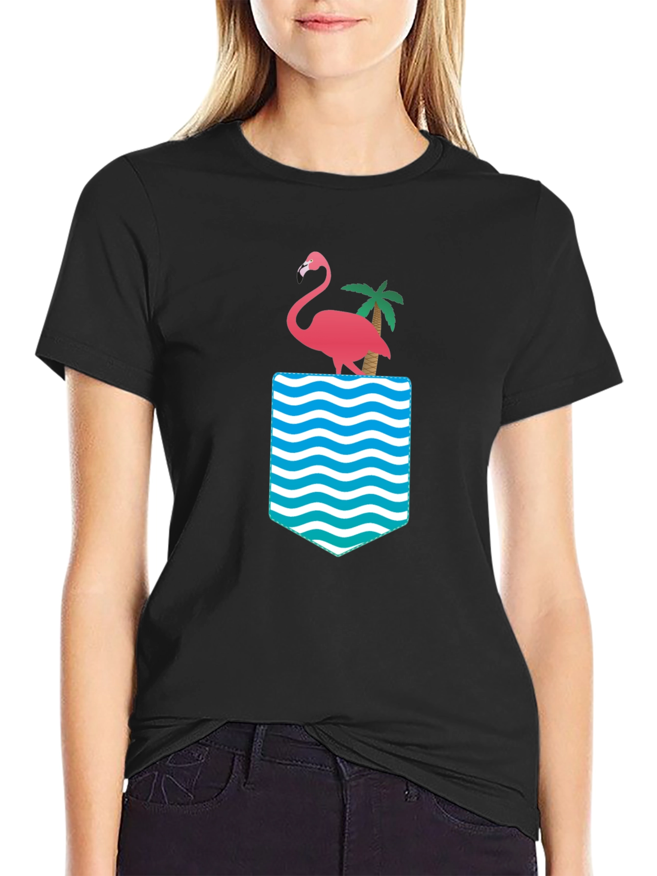 Flamingo Palm Pocket Print Black Tee