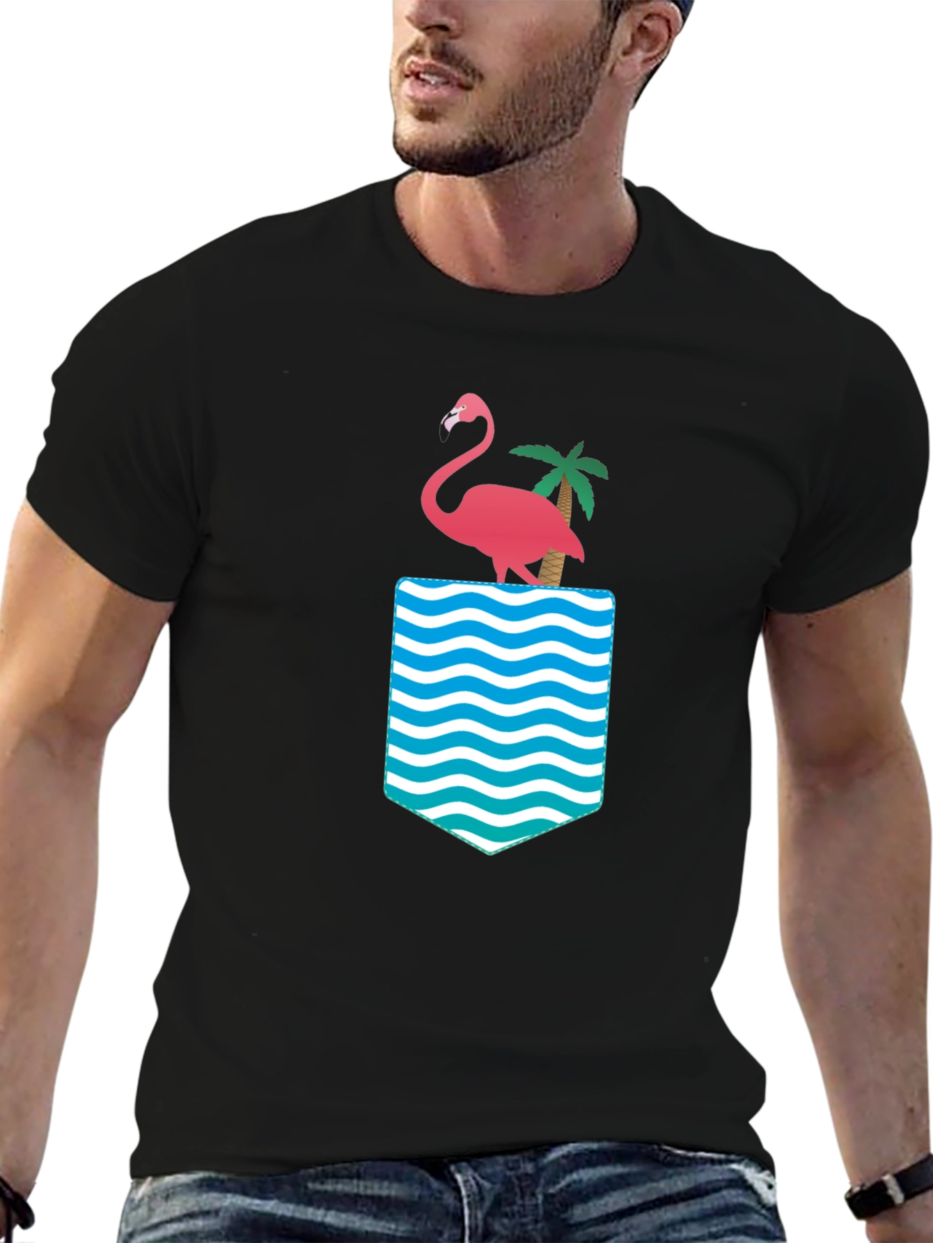 Flamingo Palm Pocket Print Black Tee