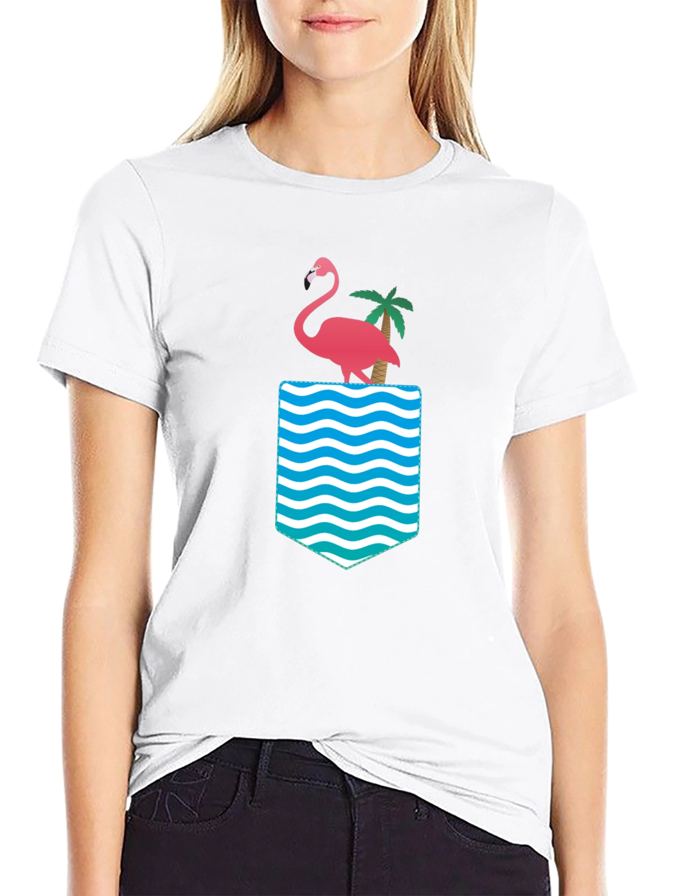 Flamingo Palm Pocket Print Black Tee