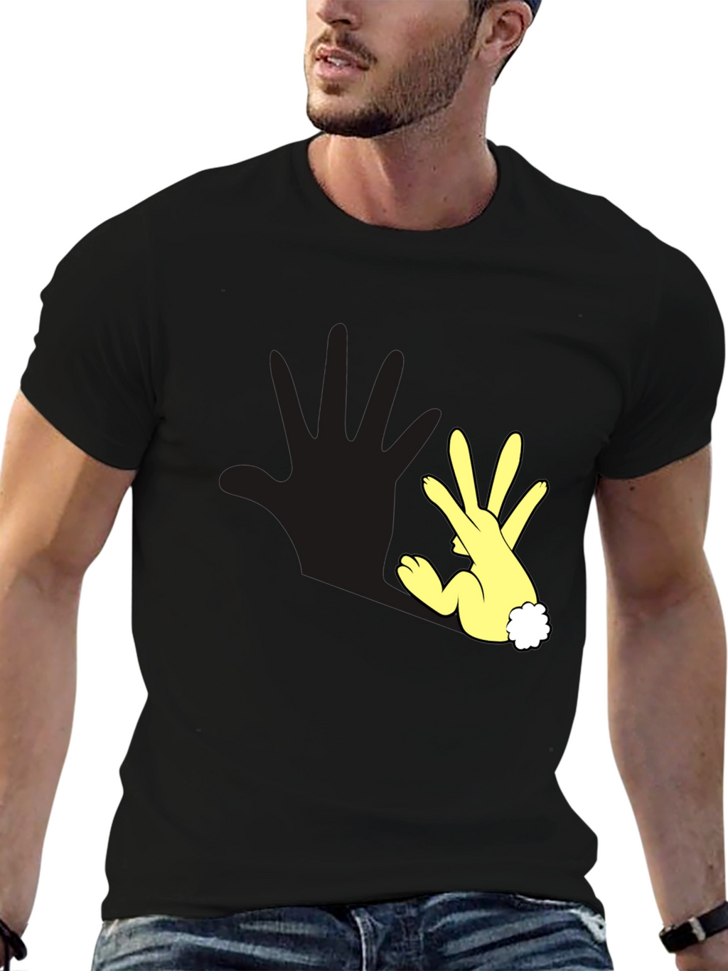 Funny Hand Rabbit T-Shirt - Black