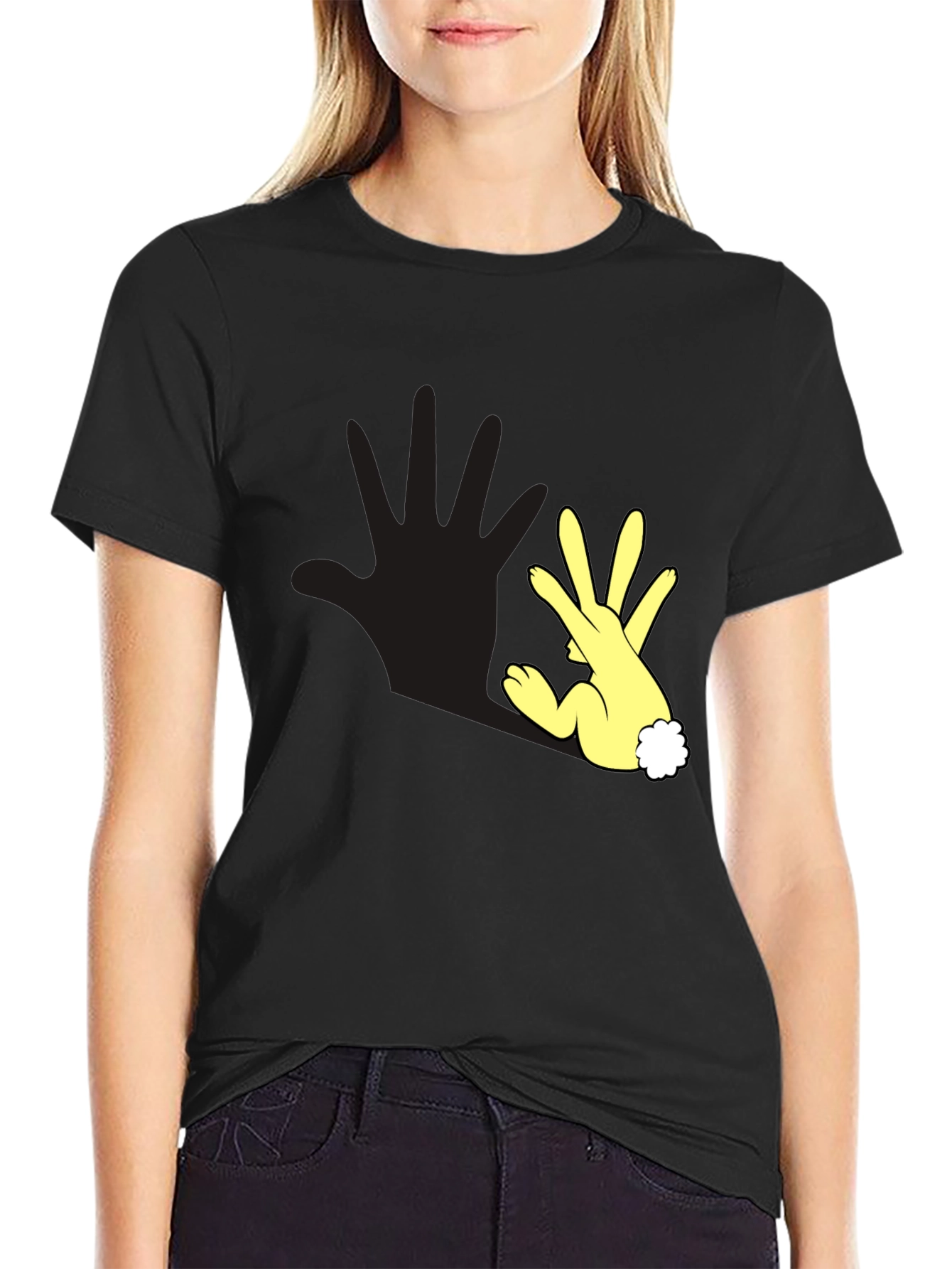 Funny Hand Rabbit T-Shirt - Black