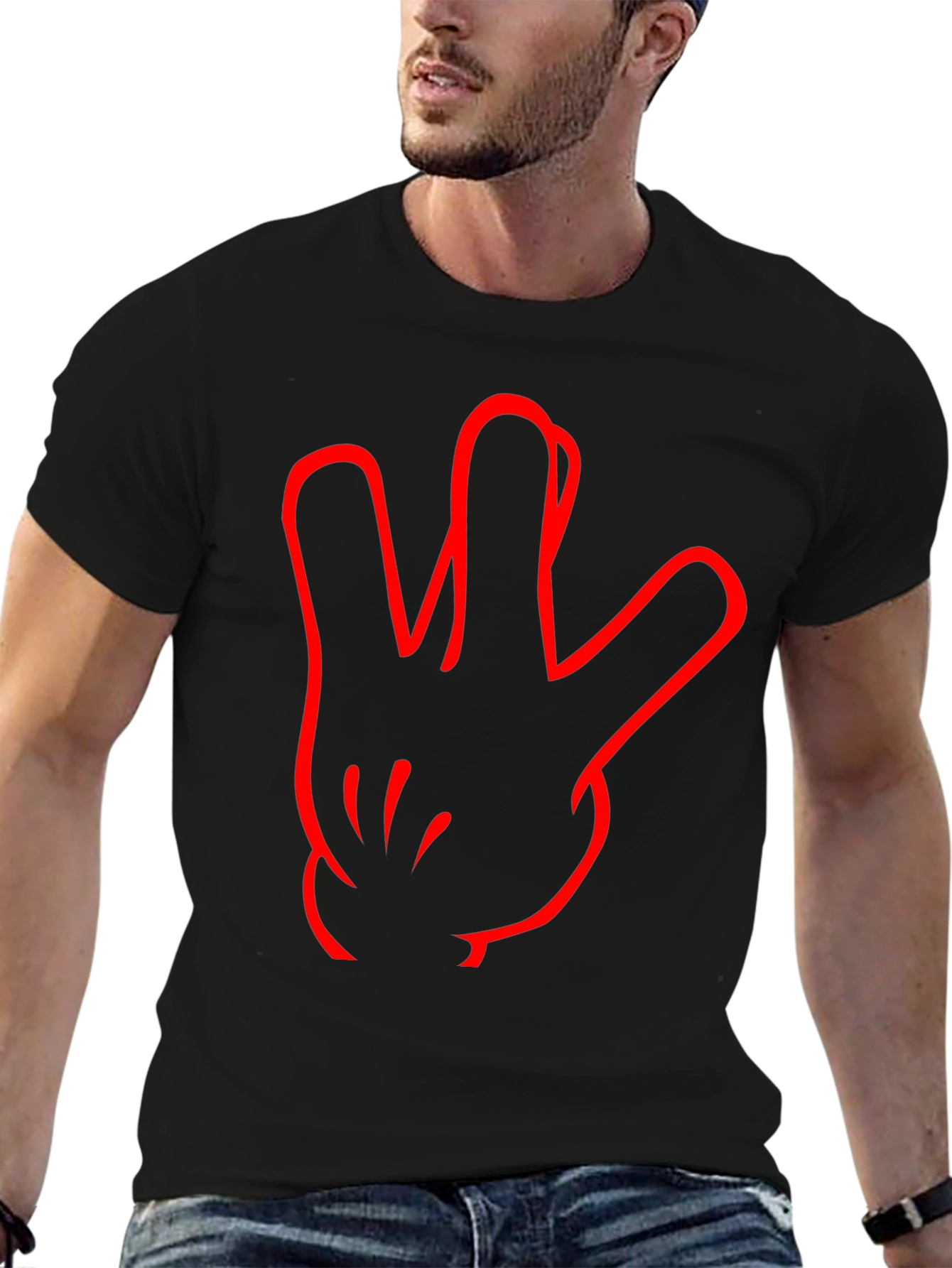 Black T-Shirt with Red Hand Sign Design