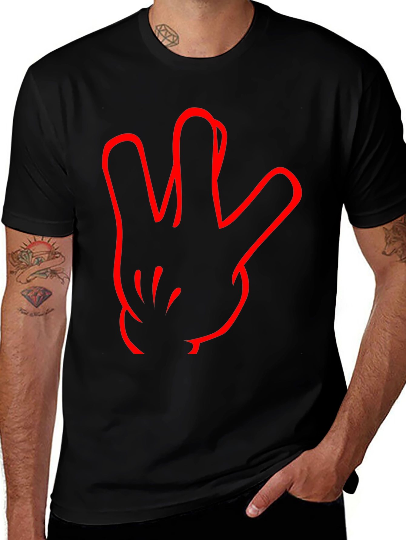 Black T-Shirt with Red Hand Sign Design