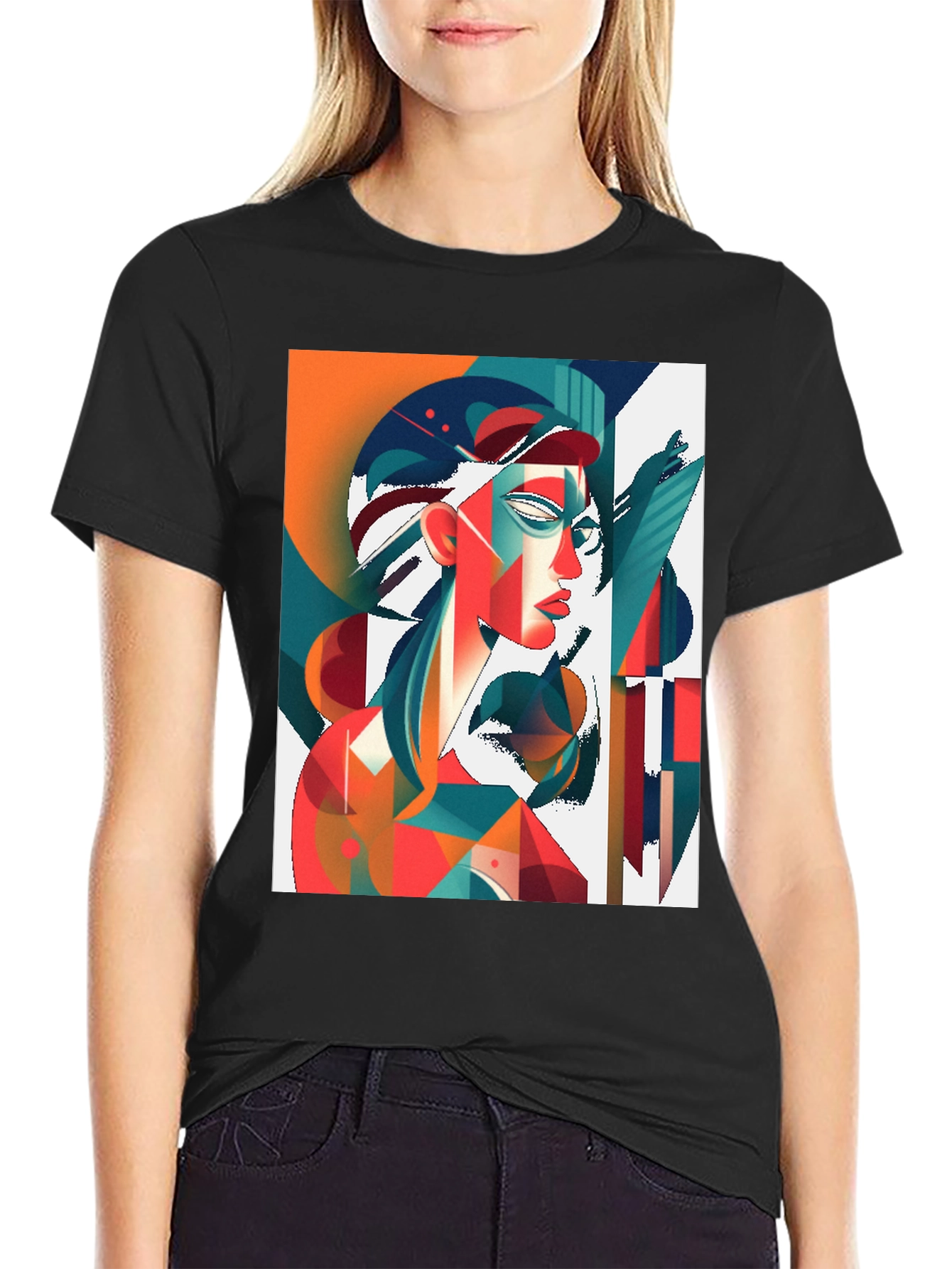 Abstract Geometric Woman Graphic Tee - Stylish Art T-Shirt