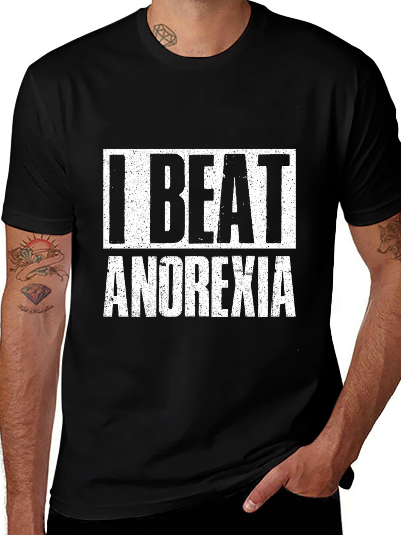 I Beat Anorexia Black T-Shirt Graphic Tee Recovery Shirt