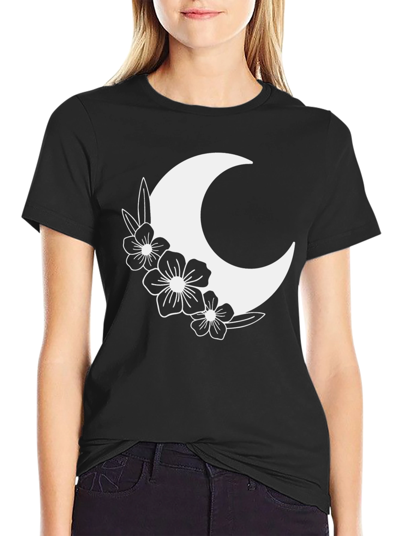 Floral Crescent Moon Graphic Tee - Black Cotton