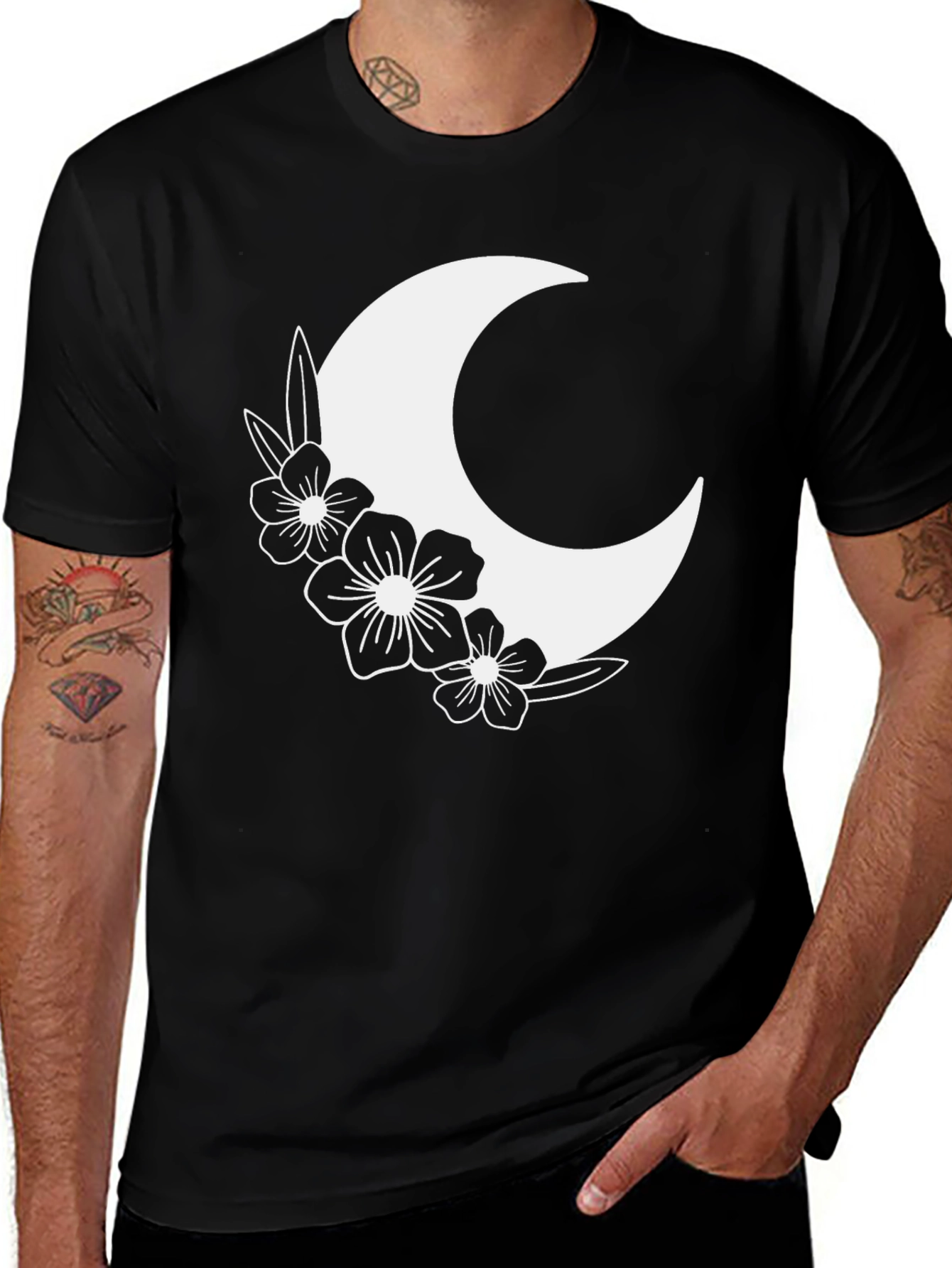 Floral Crescent Moon Graphic Tee - Black Cotton