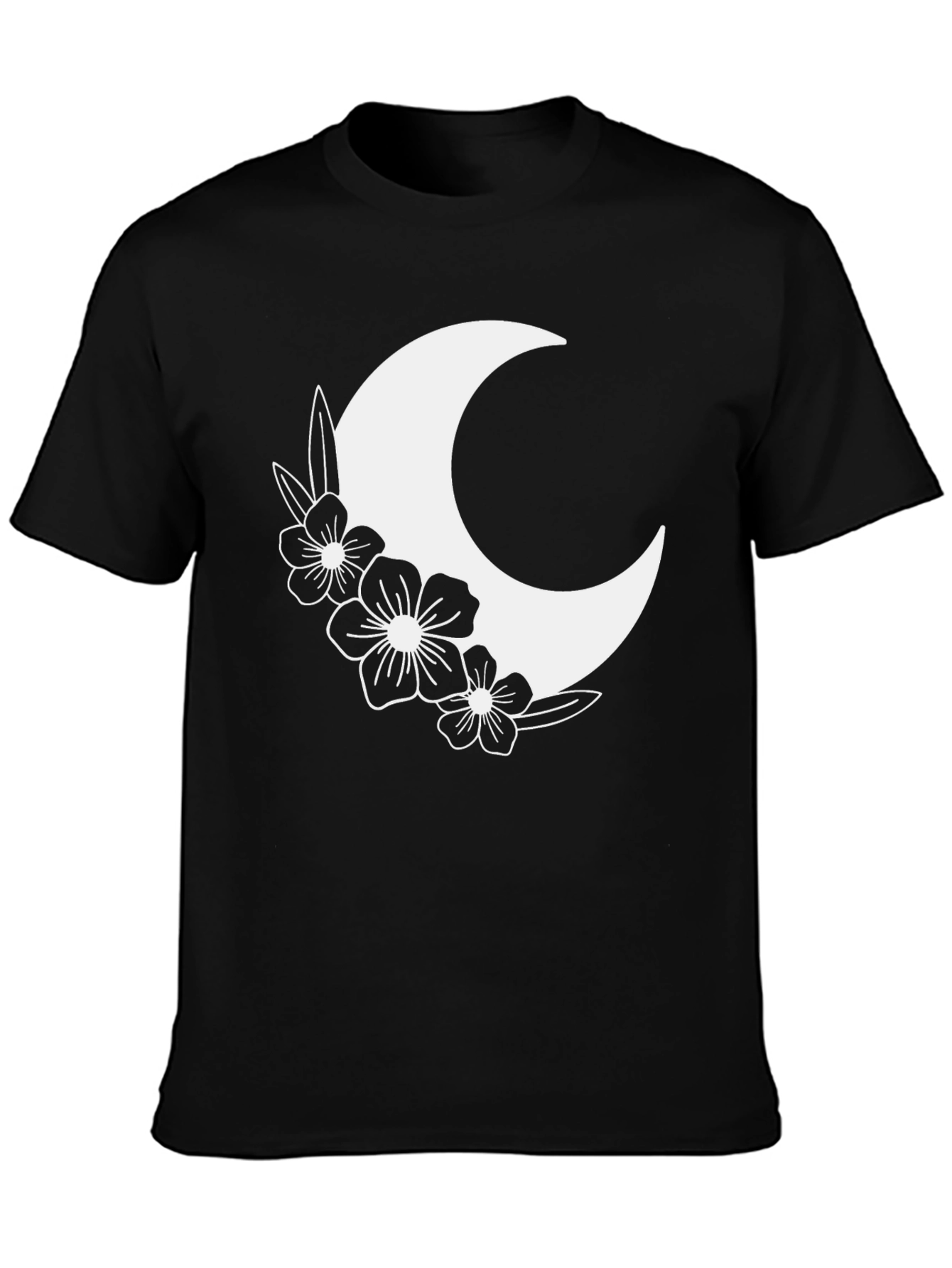 Floral Crescent Moon Graphic Tee - Black Cotton