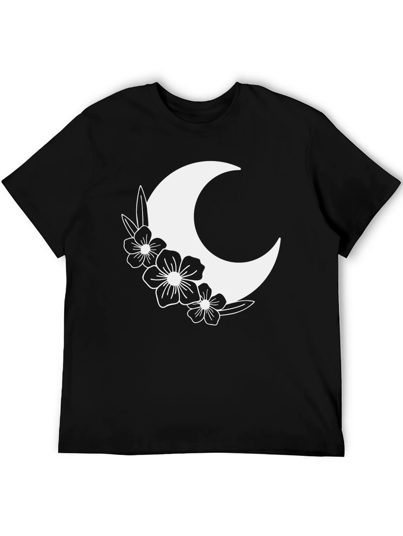 Floral Crescent Moon Graphic Tee - Black Cotton