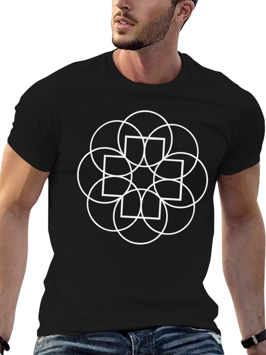 Geometric Circle & Square Graphic Black T-Shirt