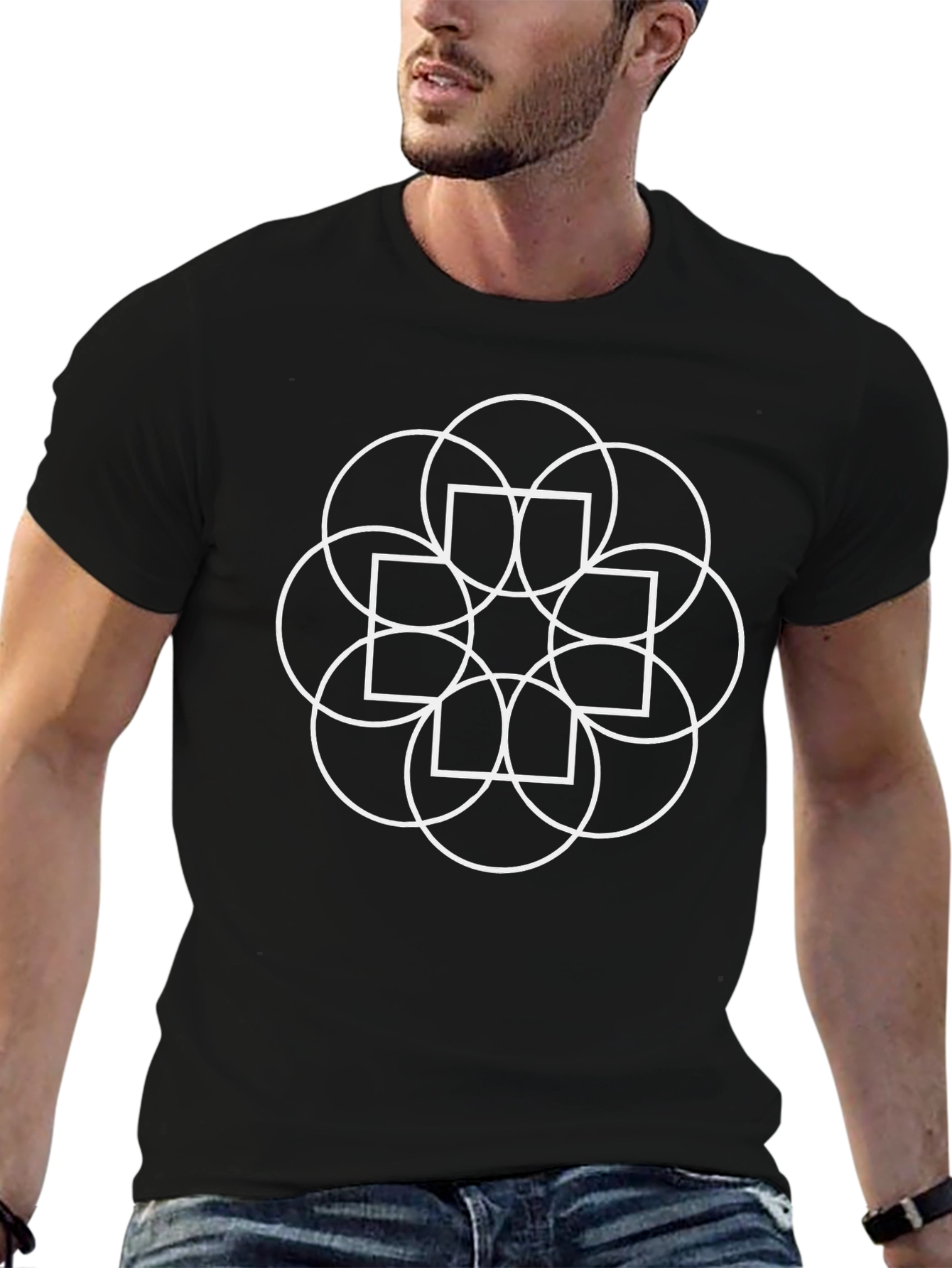 Geometric Circle & Square Graphic Black T-Shirt