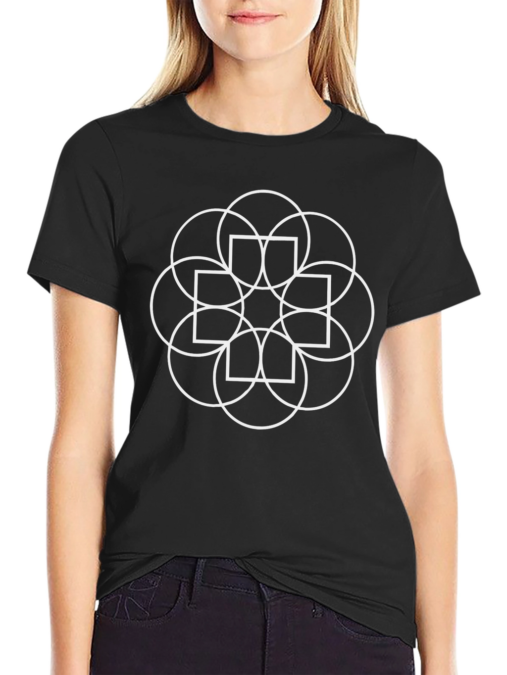 Geometric Circle & Square Graphic Black T-Shirt