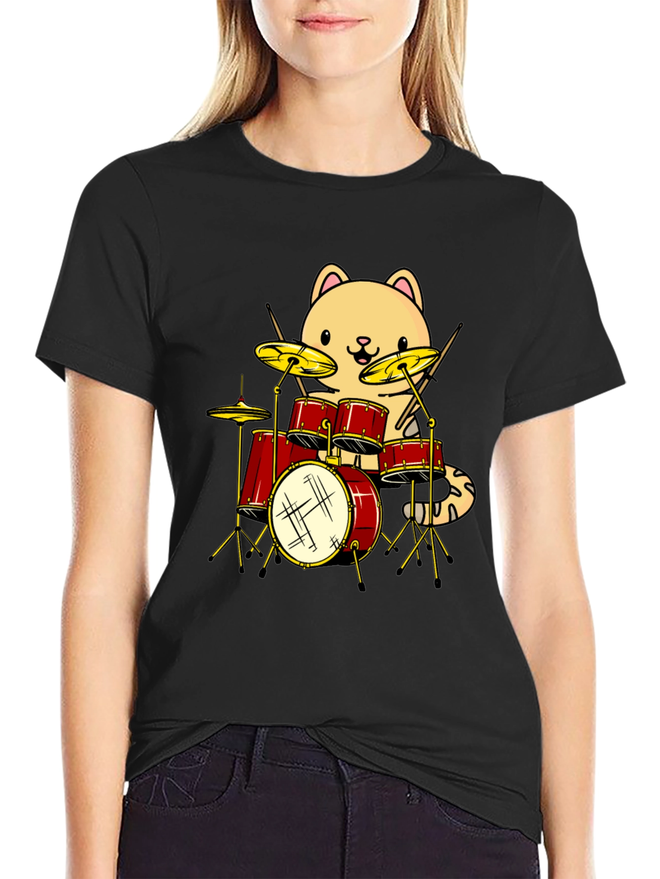 Cat Drummer Graphic Tee - Black Cotton T-Shirt