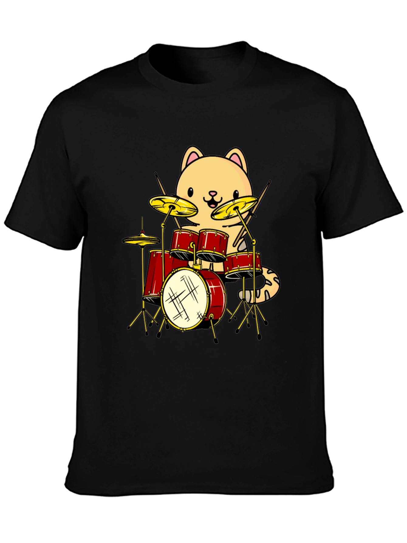 Cat Drummer Graphic Tee - Black Cotton T-Shirt