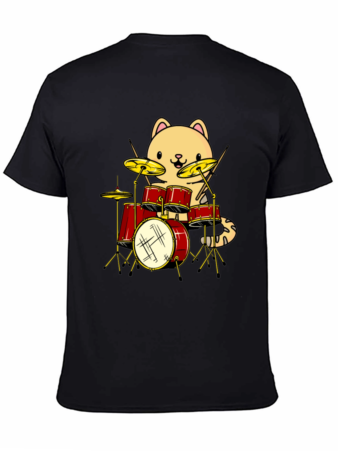 Cat Drummer Graphic Tee - Black Cotton T-Shirt