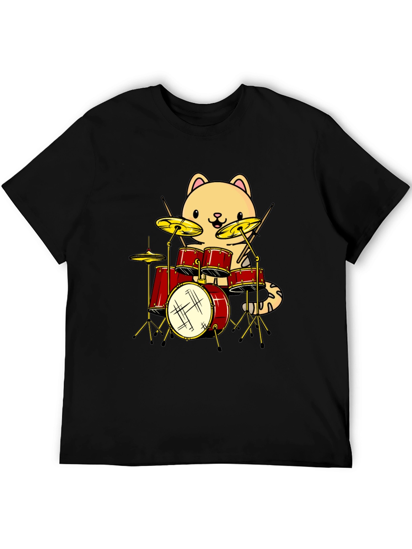 Cat Drummer Graphic Tee - Black Cotton T-Shirt