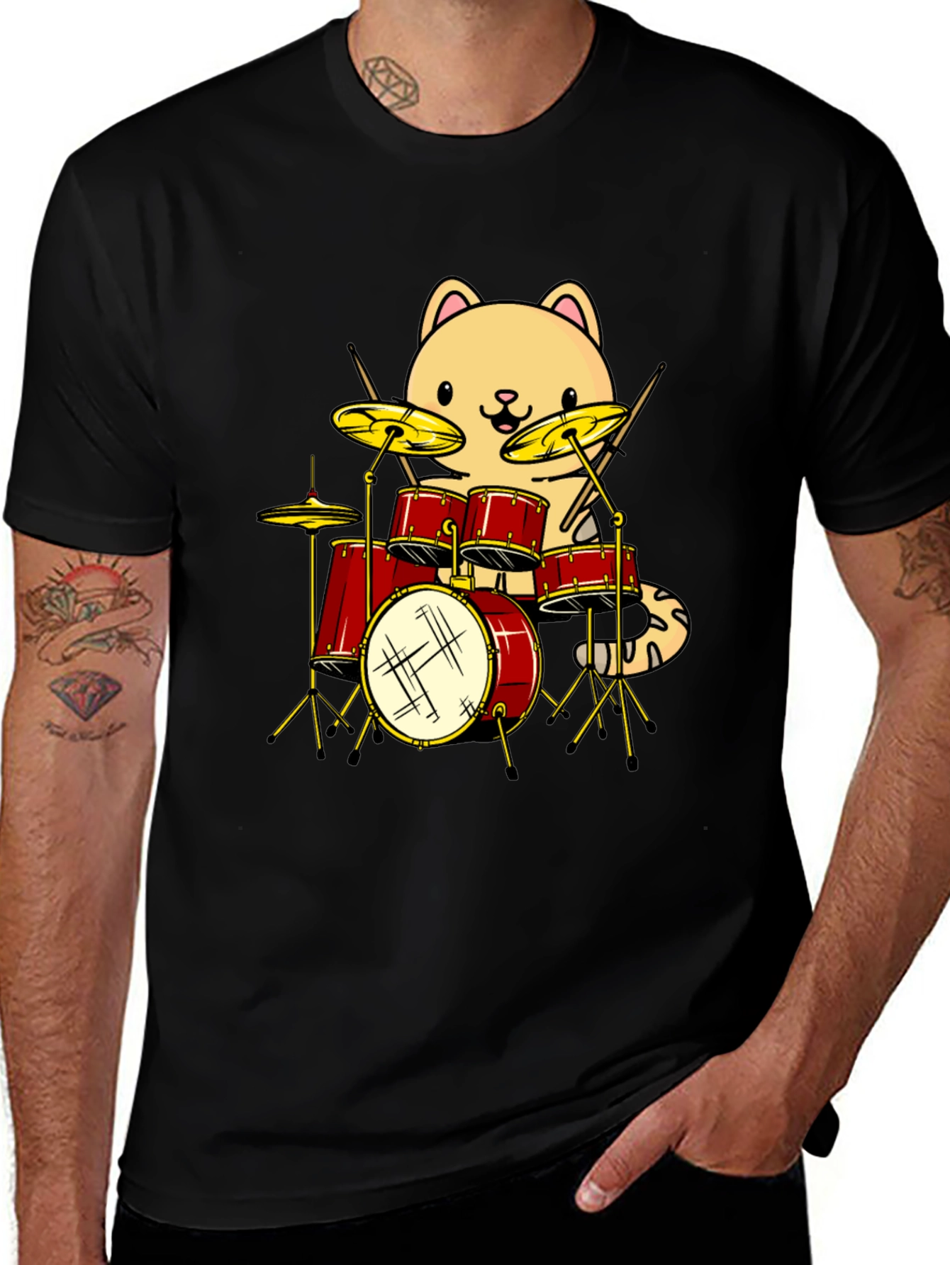 Cat Drummer Graphic Tee - Black Cotton T-Shirt