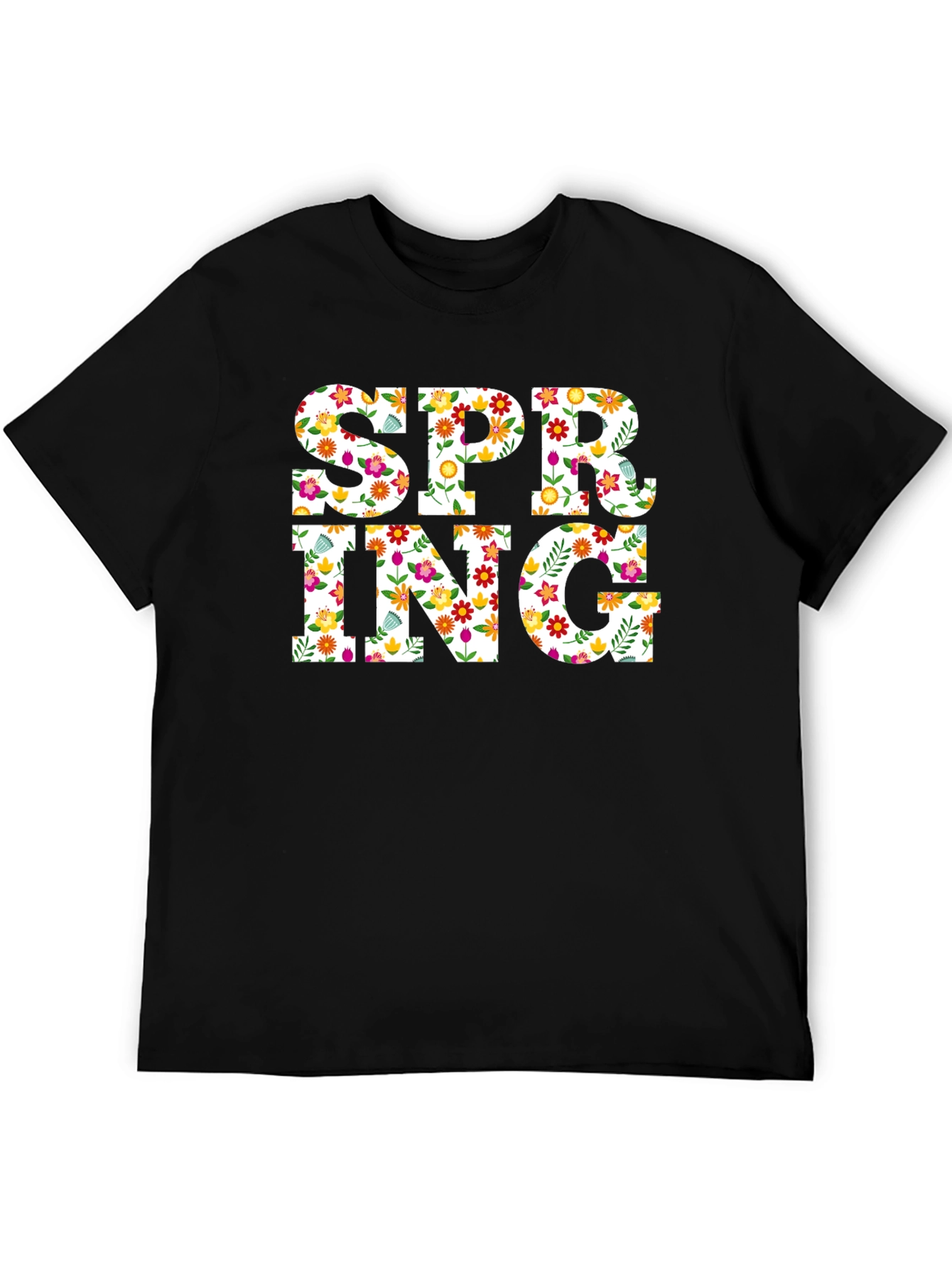 Floral Spring T-Shirt - Mens Black Crew Neck