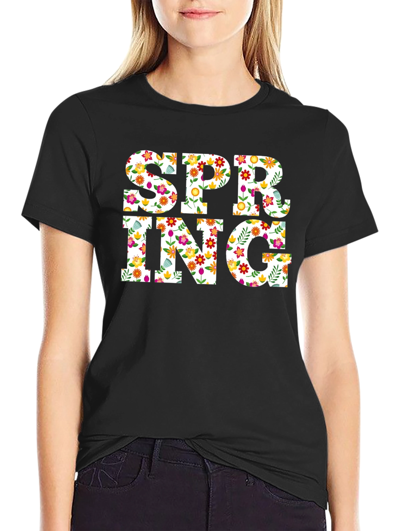 Floral Spring T-Shirt - Mens Black Crew Neck