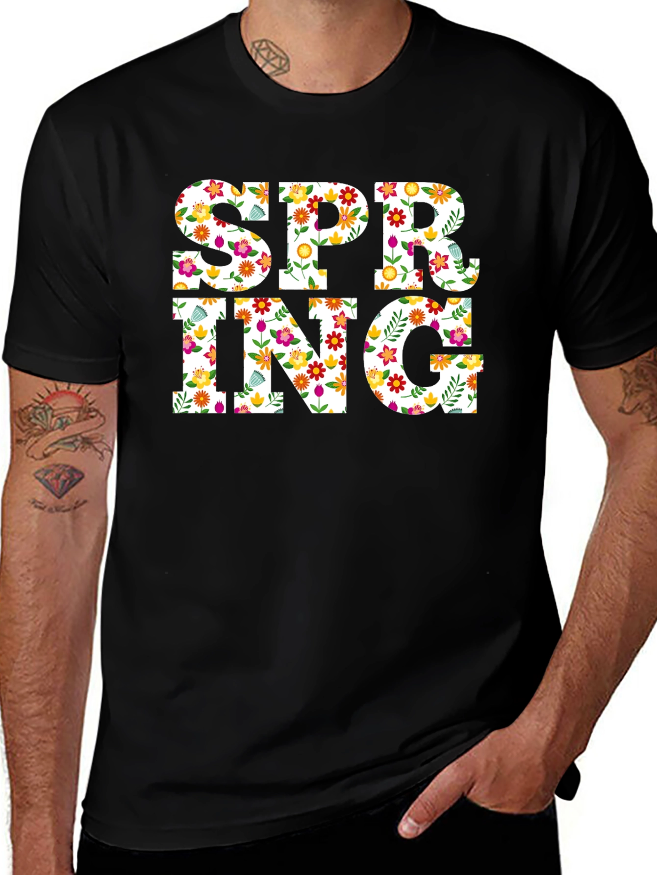 Floral Spring T-Shirt - Mens Black Crew Neck
