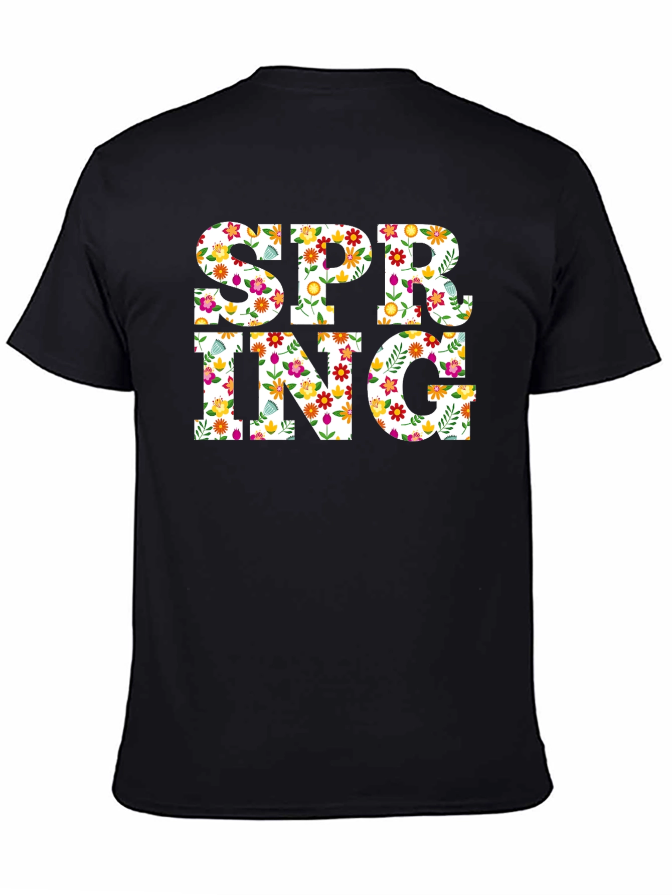 Floral Spring T-Shirt - Mens Black Crew Neck