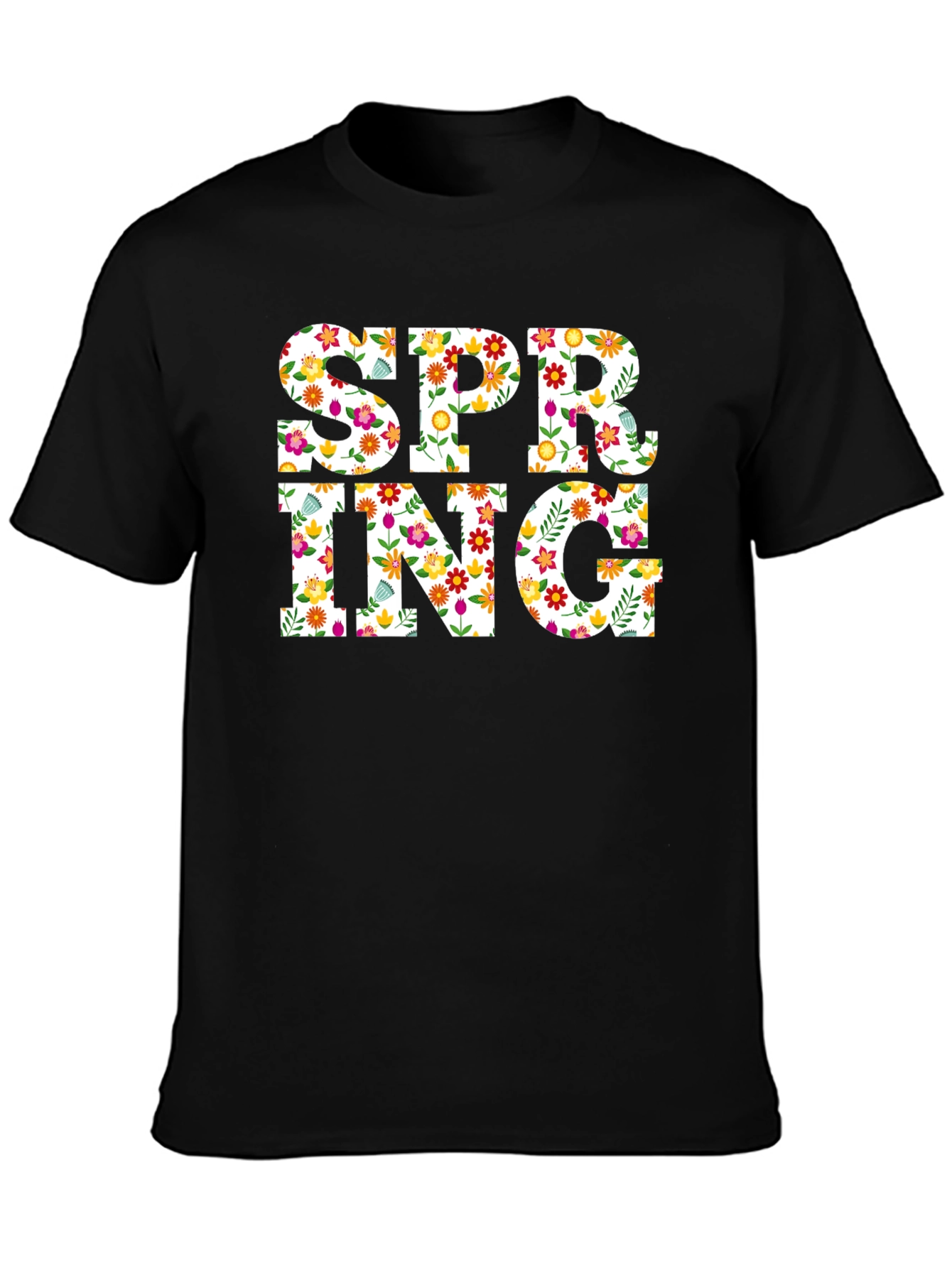 Floral Spring T-Shirt - Mens Black Crew Neck