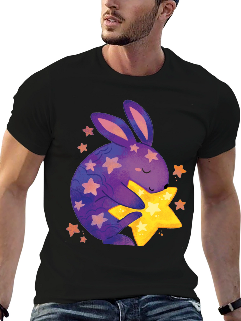 Cute Bunny Hugging Star Graphic Tee