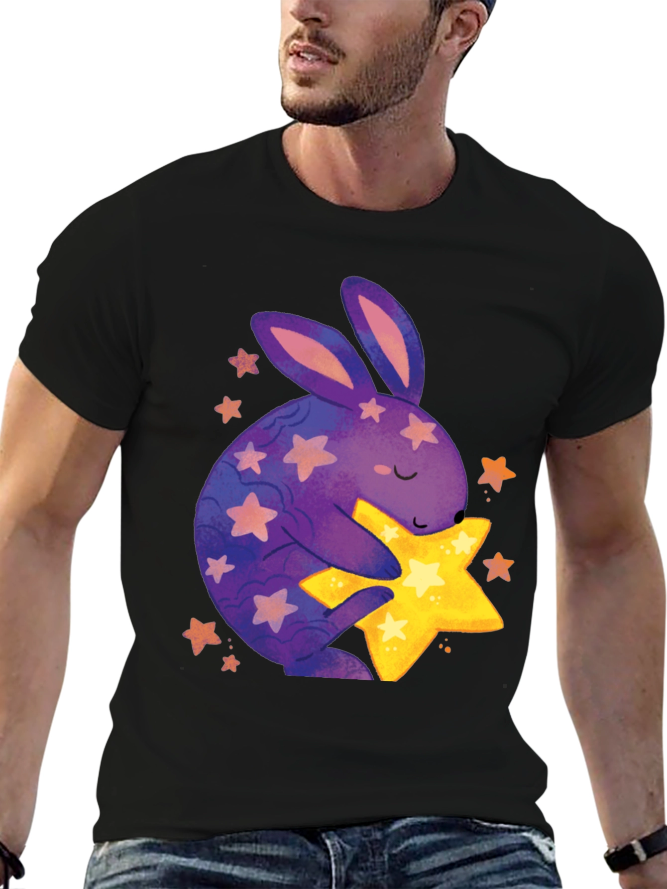 Cute Bunny Hugging Star Graphic Tee