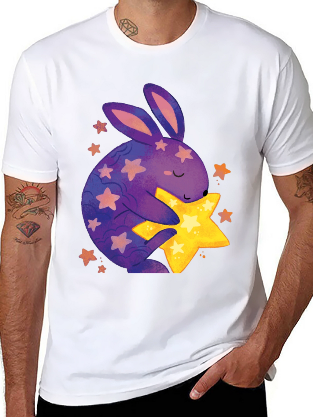 Cute Bunny Hugging Star Graphic Tee