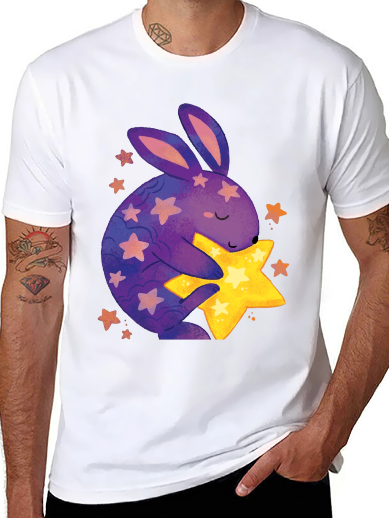Cute Bunny Hugging Star Graphic Tee