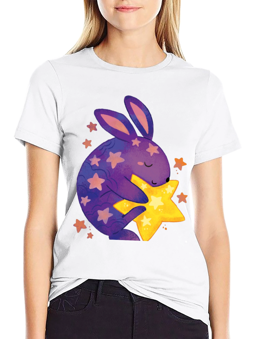 Cute Bunny Hugging Star Graphic Tee