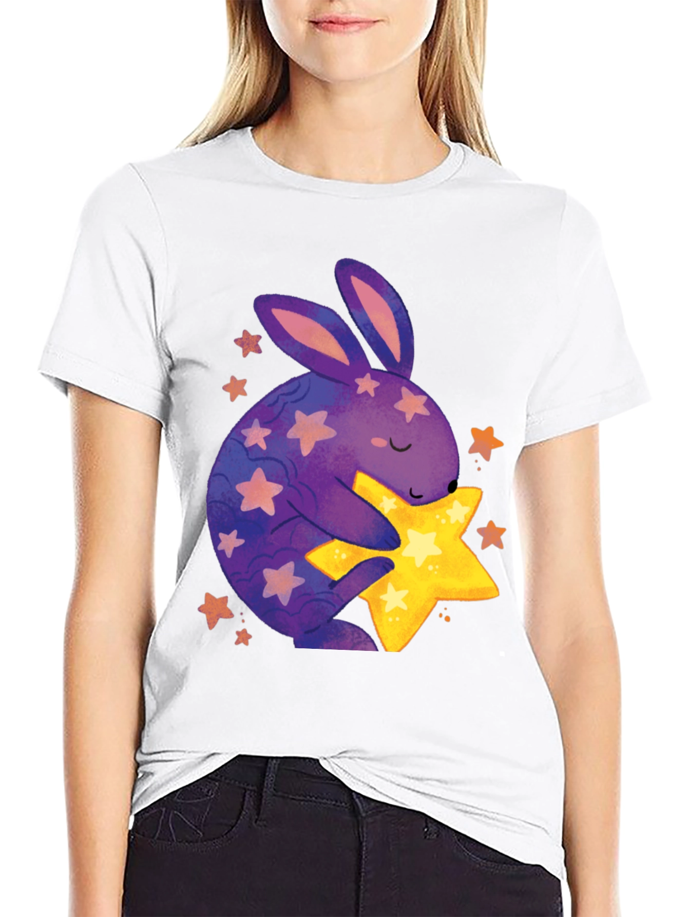 Cute Bunny Hugging Star Graphic Tee