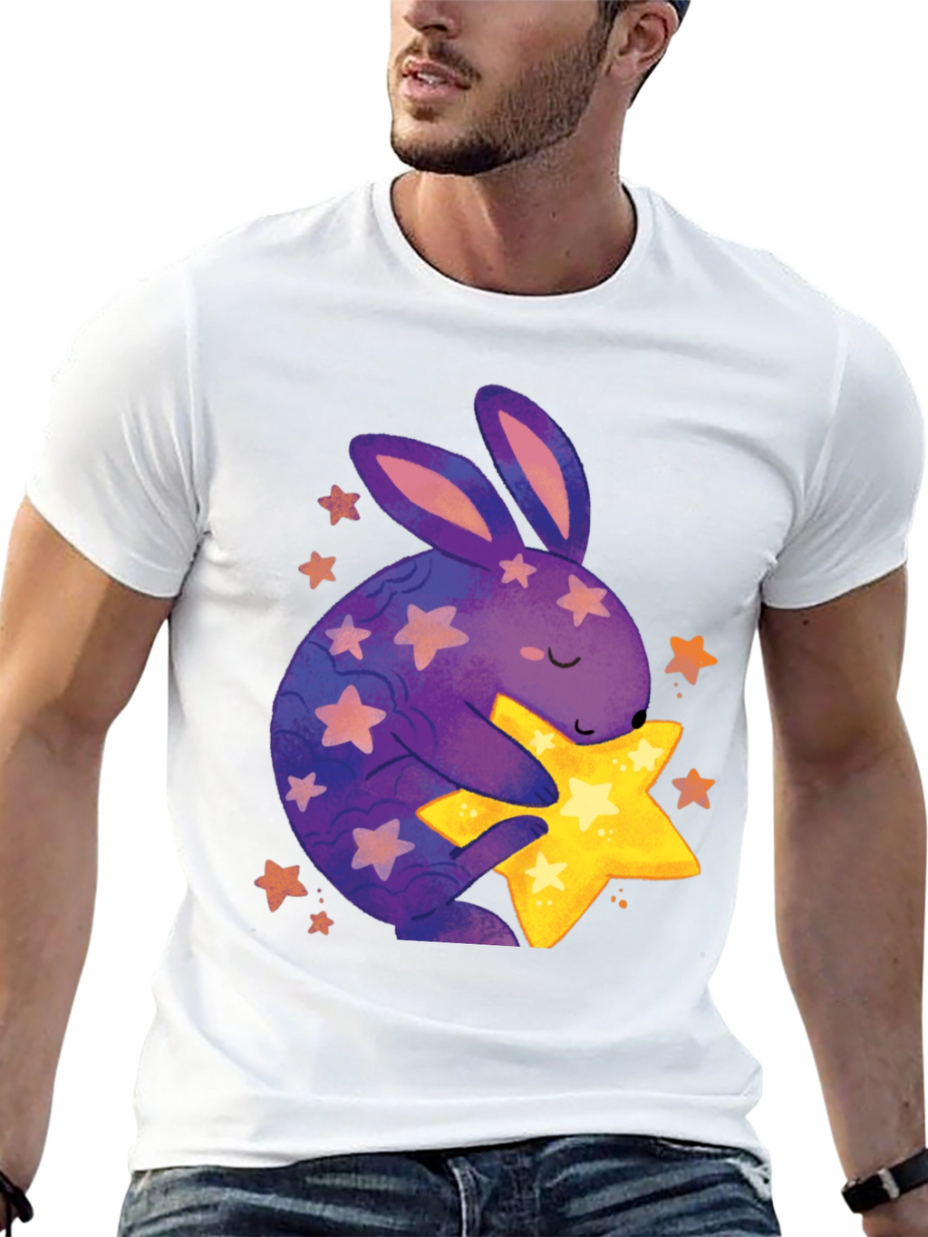 Cute Bunny Hugging Star Graphic Tee