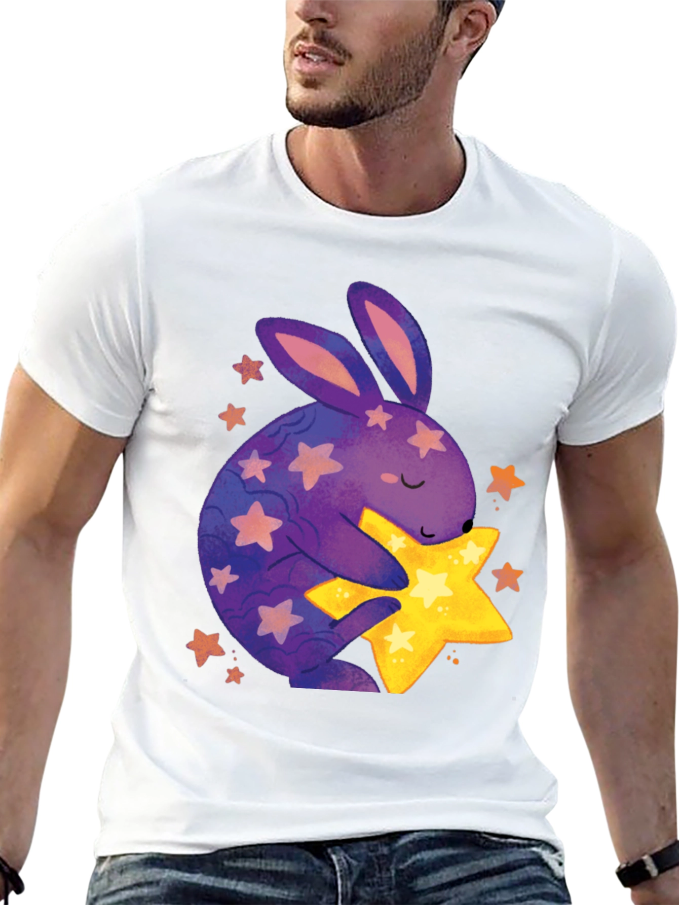 Cute Bunny Hugging Star Graphic Tee