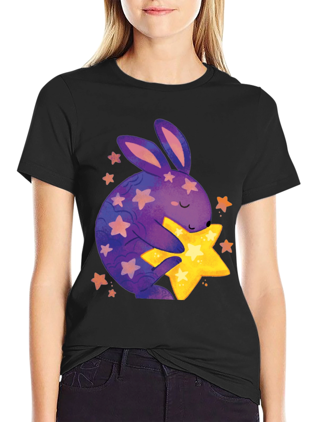 Cute Bunny Hugging Star Graphic Tee