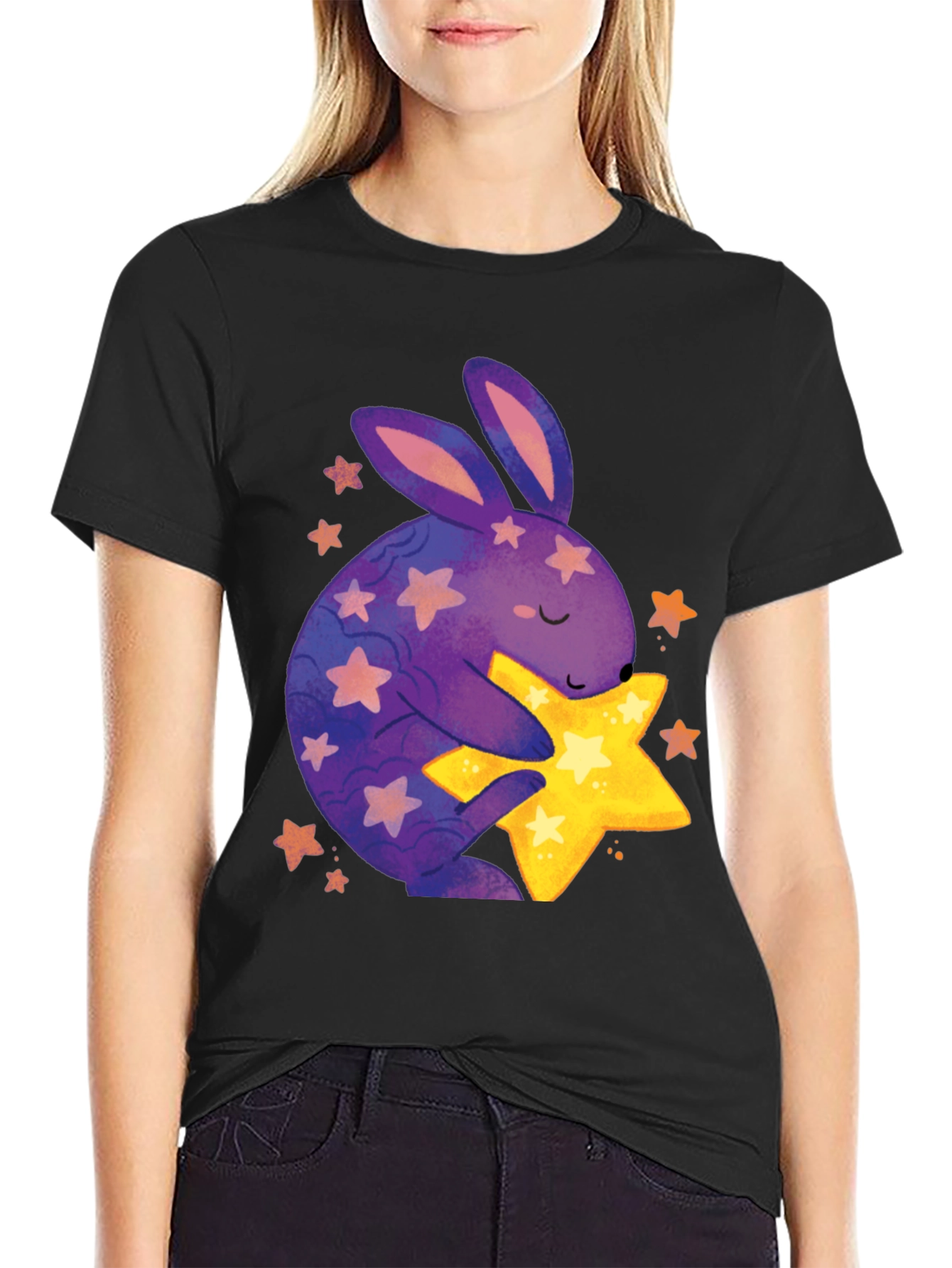 Cute Bunny Hugging Star Graphic Tee