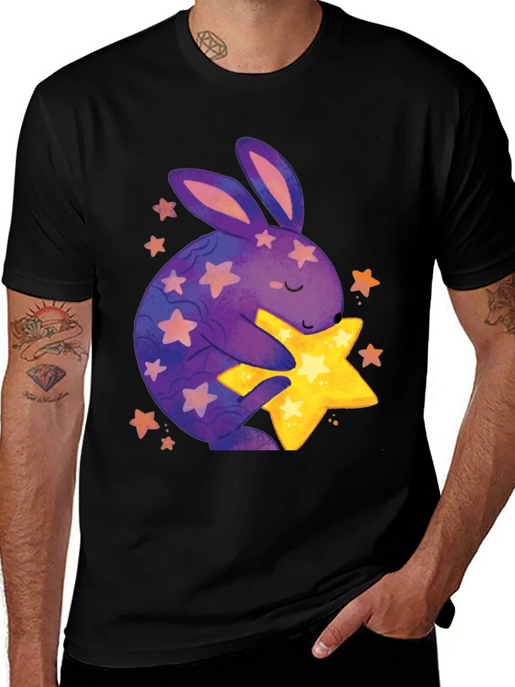 Cute Bunny Hugging Star Graphic Tee
