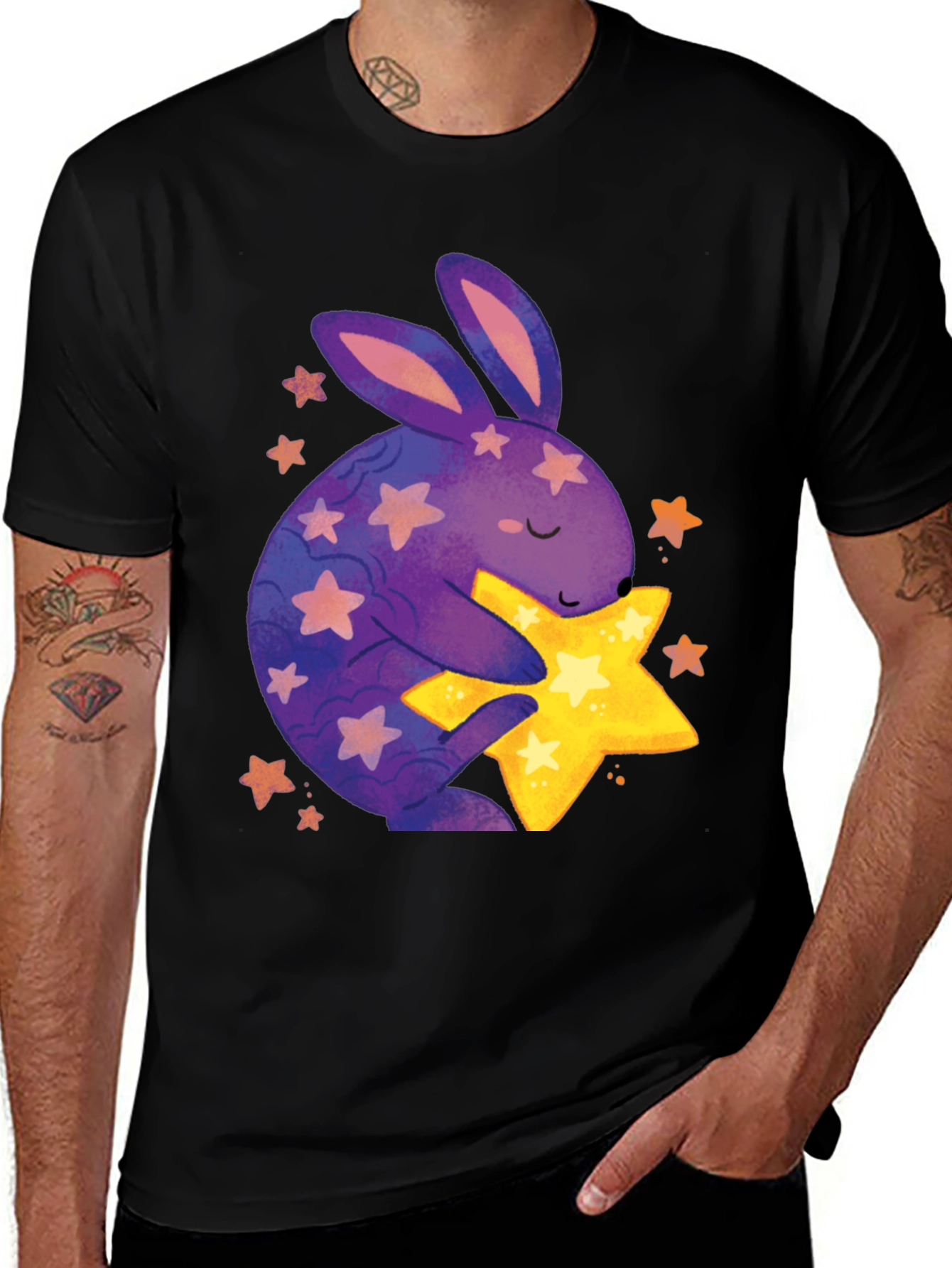 Cute Bunny Hugging Star Graphic Tee