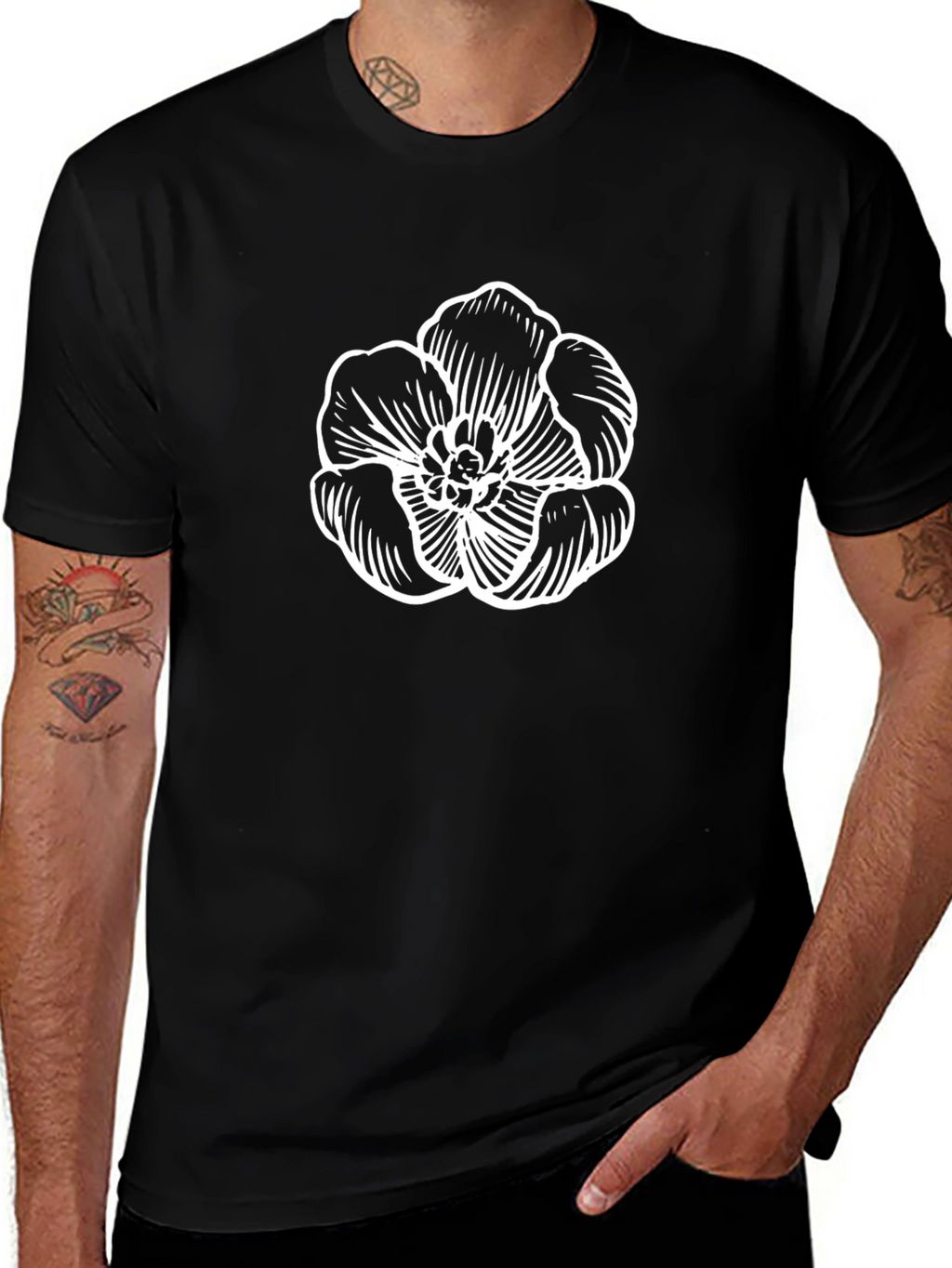 Black T-Shirt with White Floral Graphic