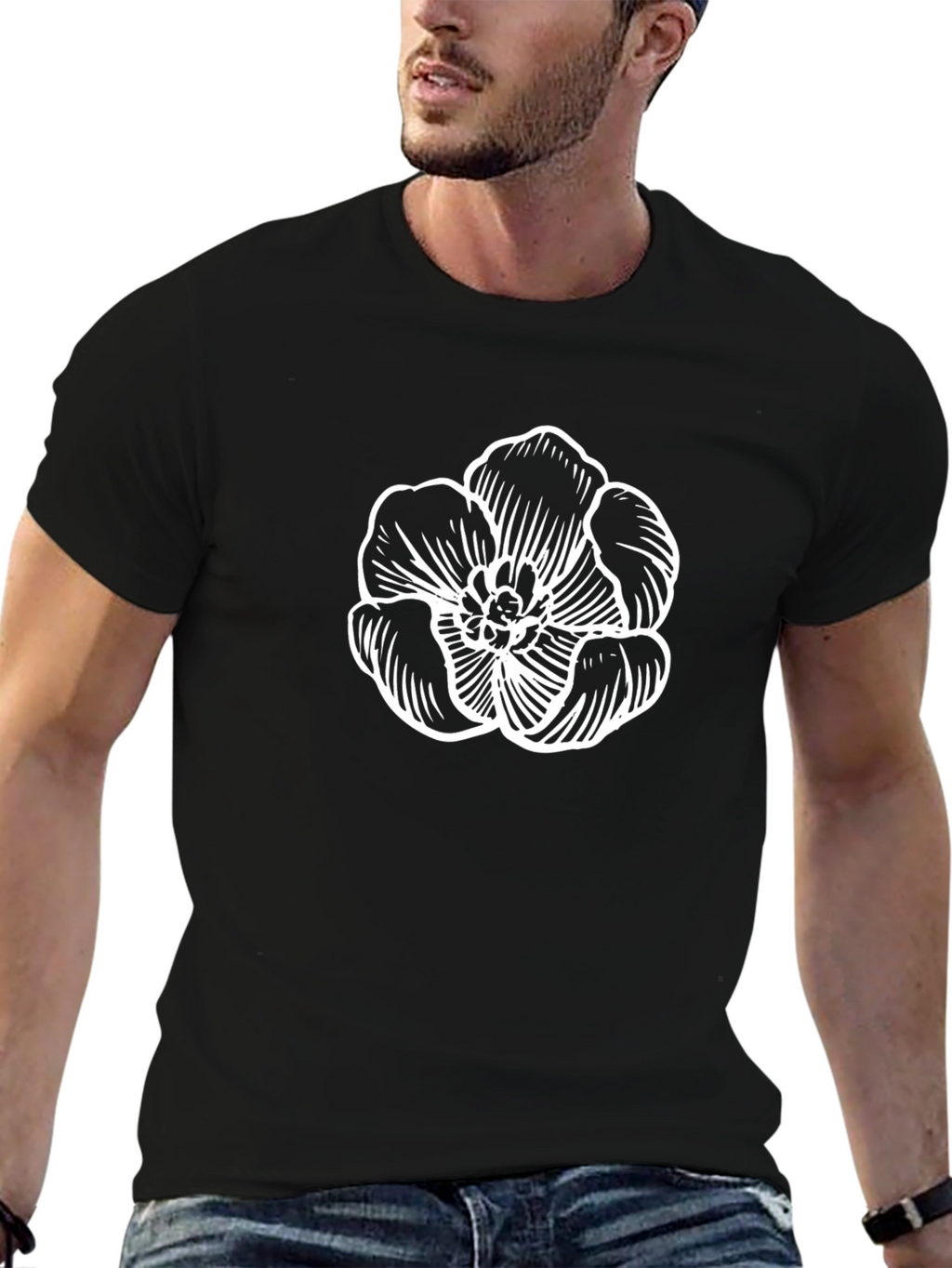 Black T-Shirt with White Floral Graphic