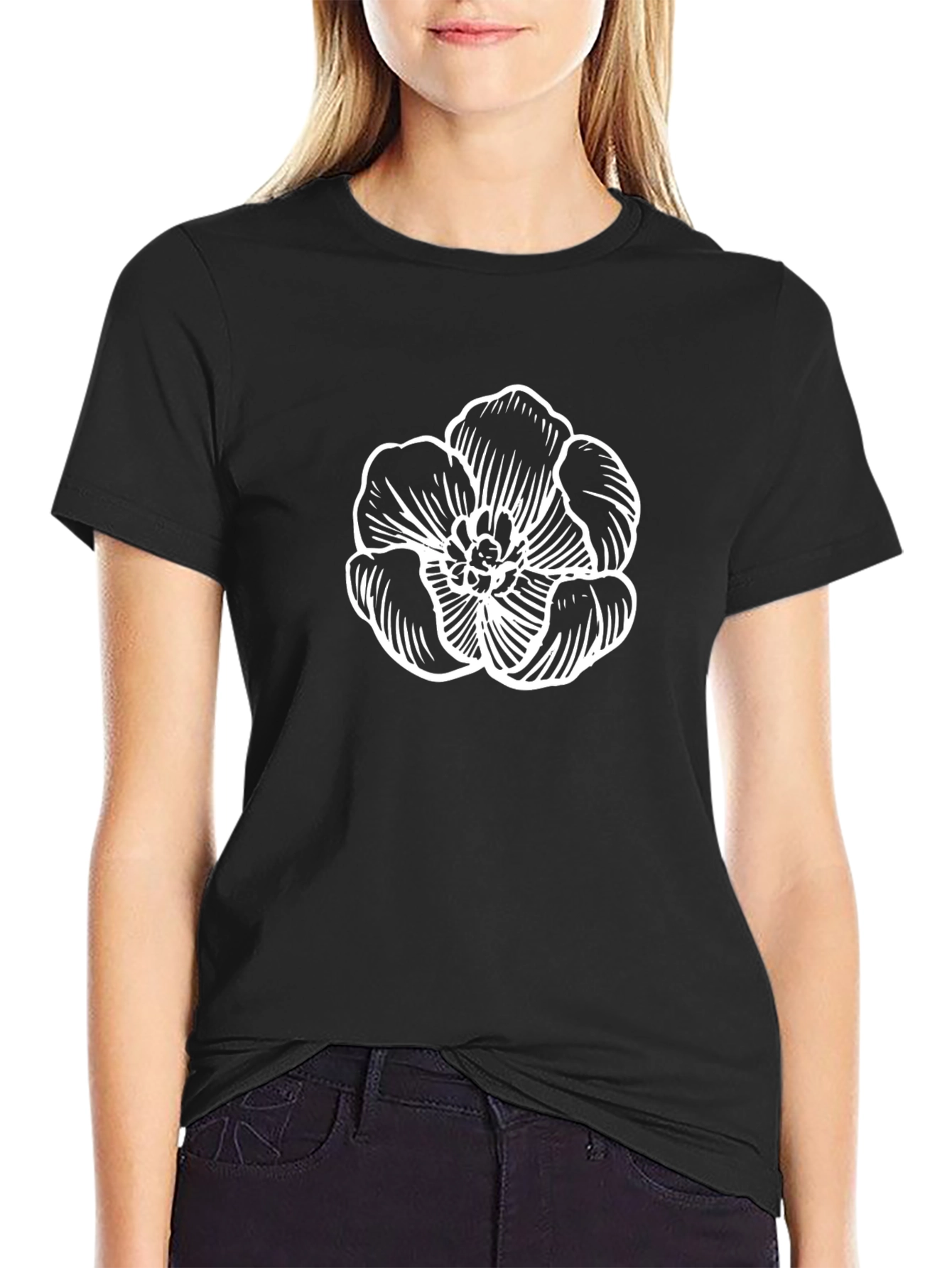 Black T-Shirt with White Floral Graphic