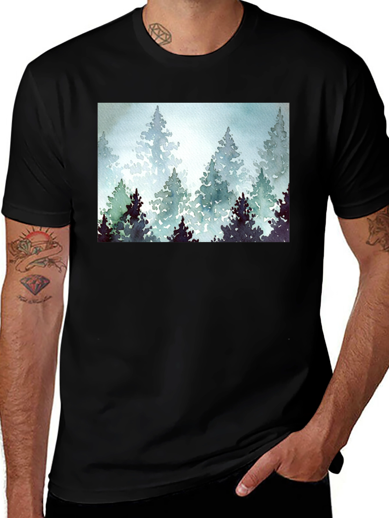 Forest Watercolor Print Black Tee