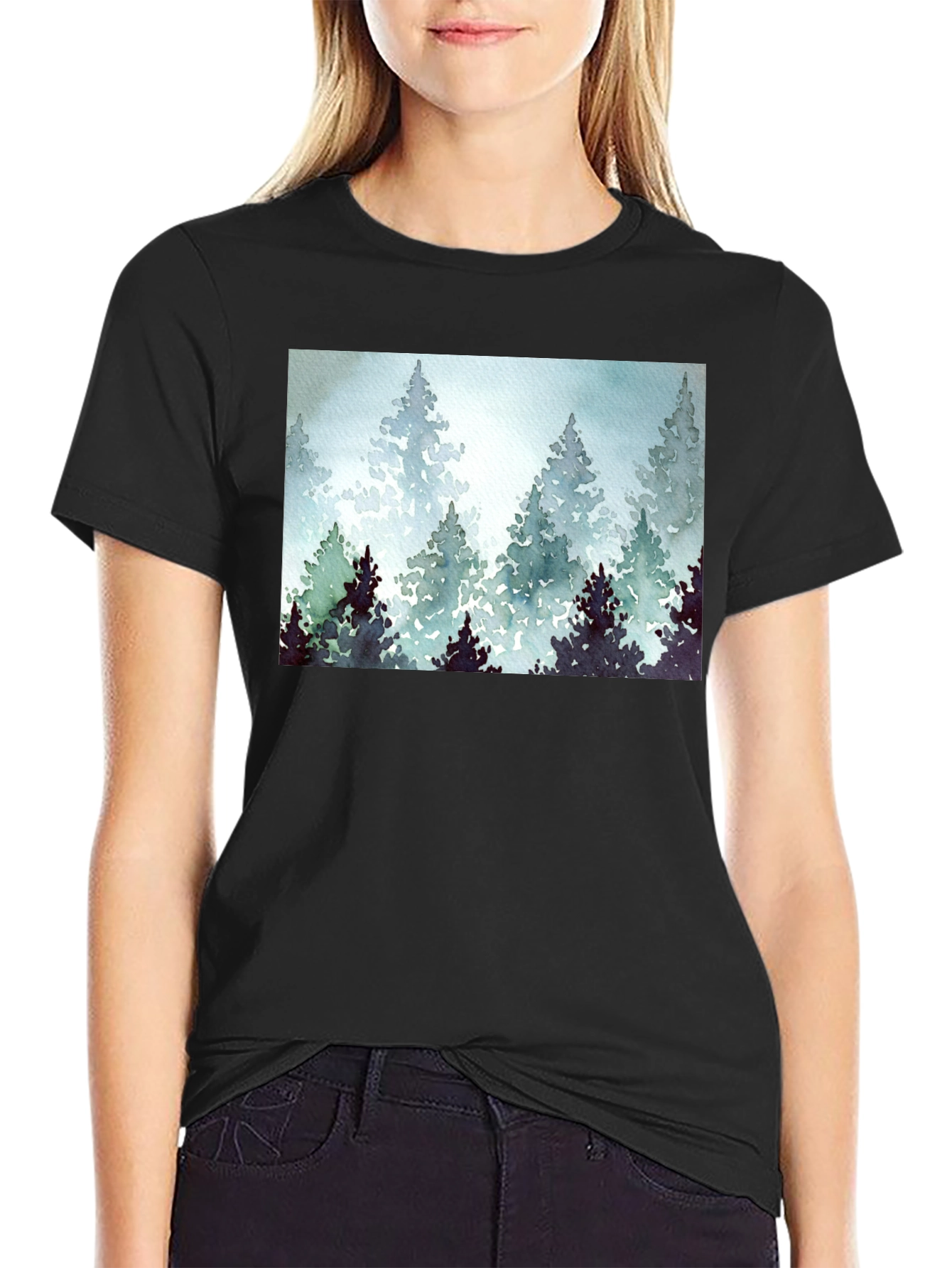 Forest Watercolor Print Black Tee
