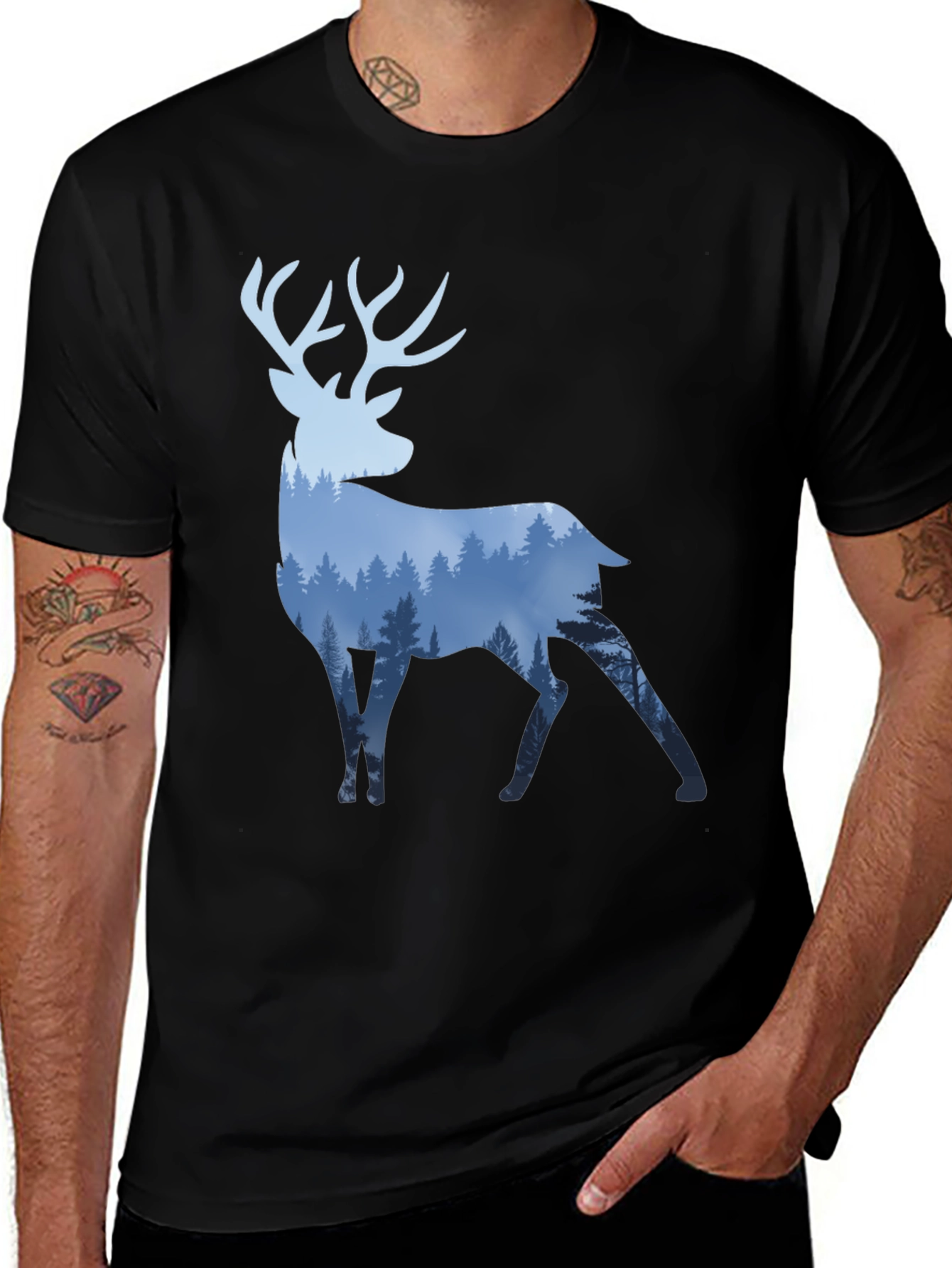 Deer Silhouette Forest Graphic T-Shirt - Black