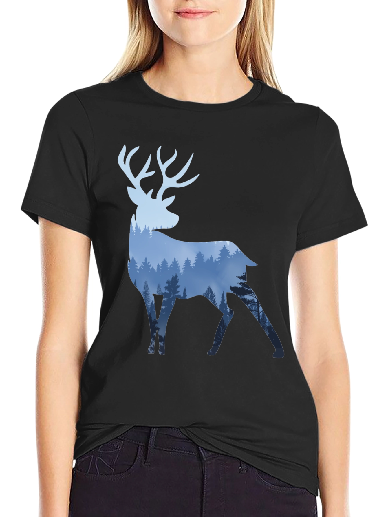 Deer Silhouette Forest Graphic T-Shirt - Black