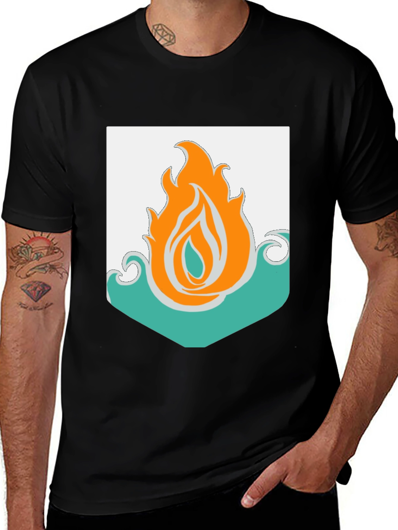 Fire and Water Graphic Tee - Black Cotton Blend T-Shirt