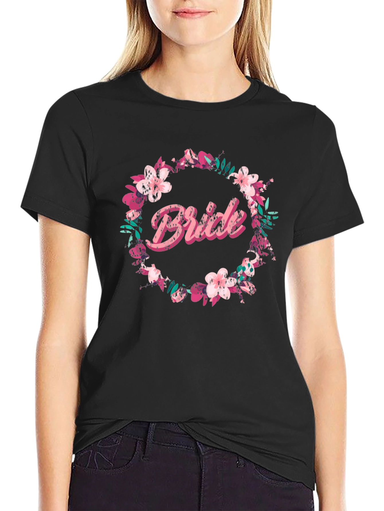 Bride Floral Wreath Graphic Tee - Black